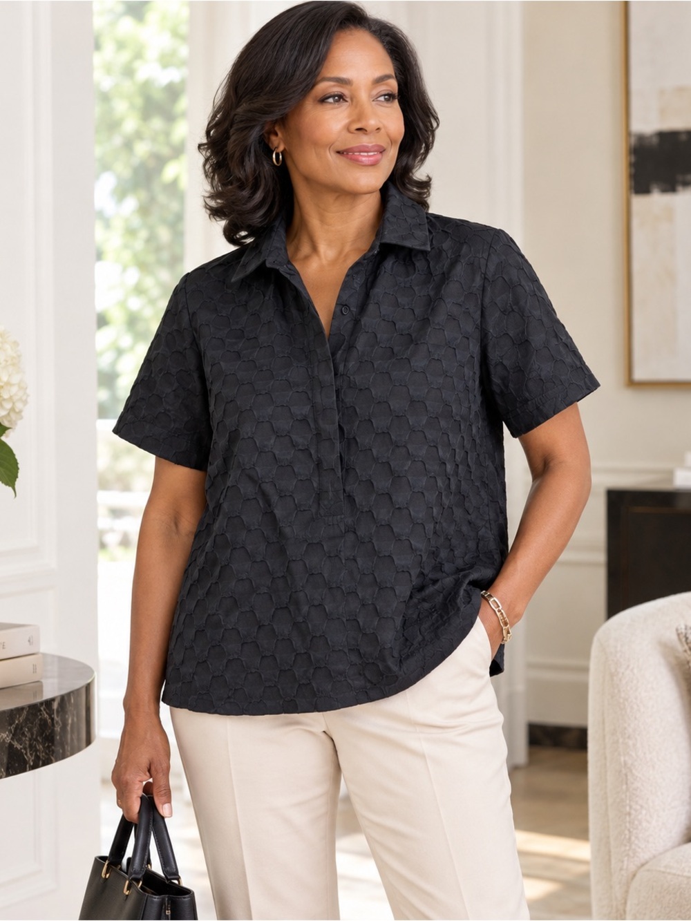 Lafayette 148 New York Black Textured Jacquard Short Sleeve Blouse Size 4